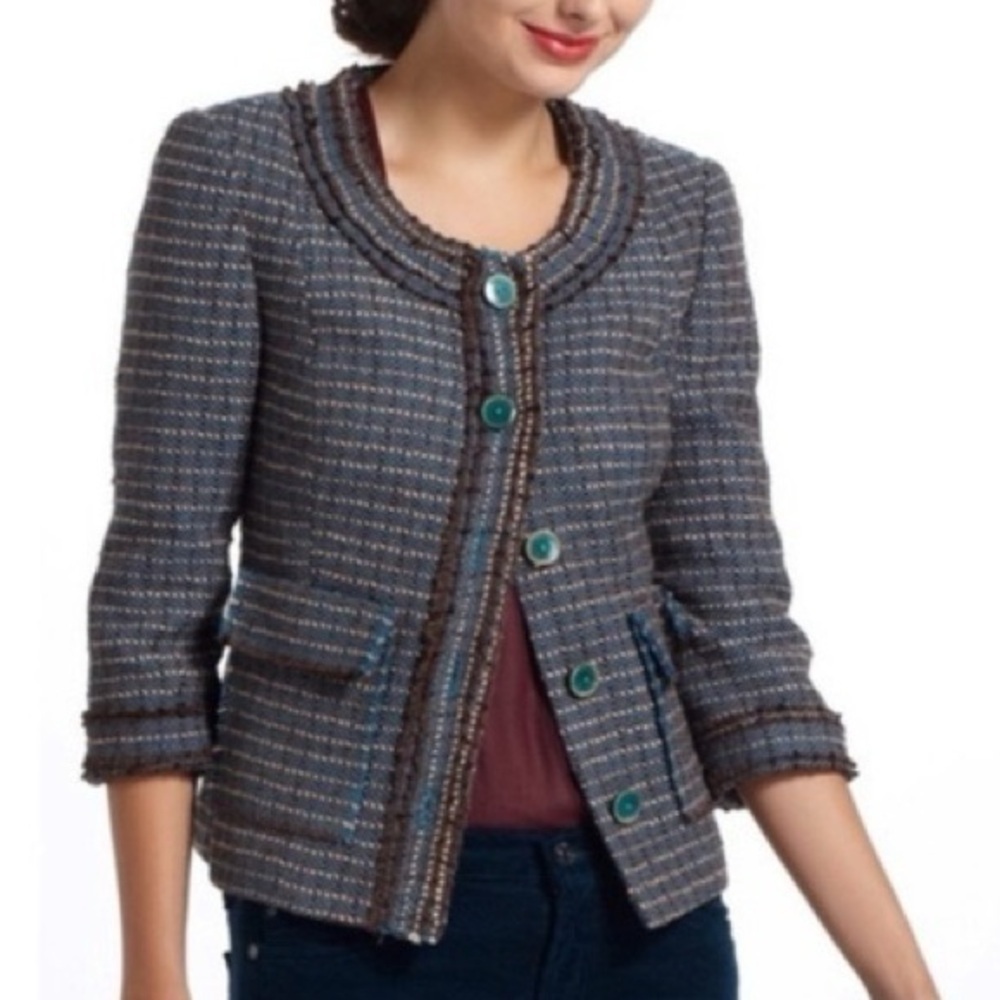 Anthropologie Tabitha Ulster Wool Tweed Lined Blazer Jacket Size 8